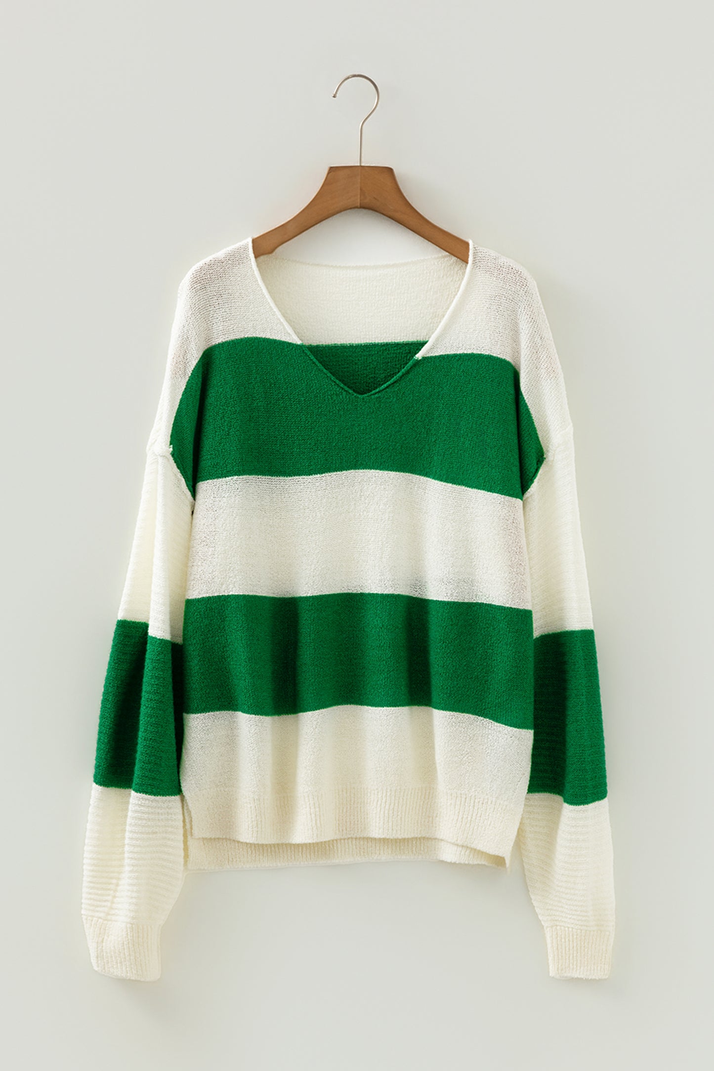 Red Stripe Loose Color Block Drop Shoulder Bubble Sleeve Sweater