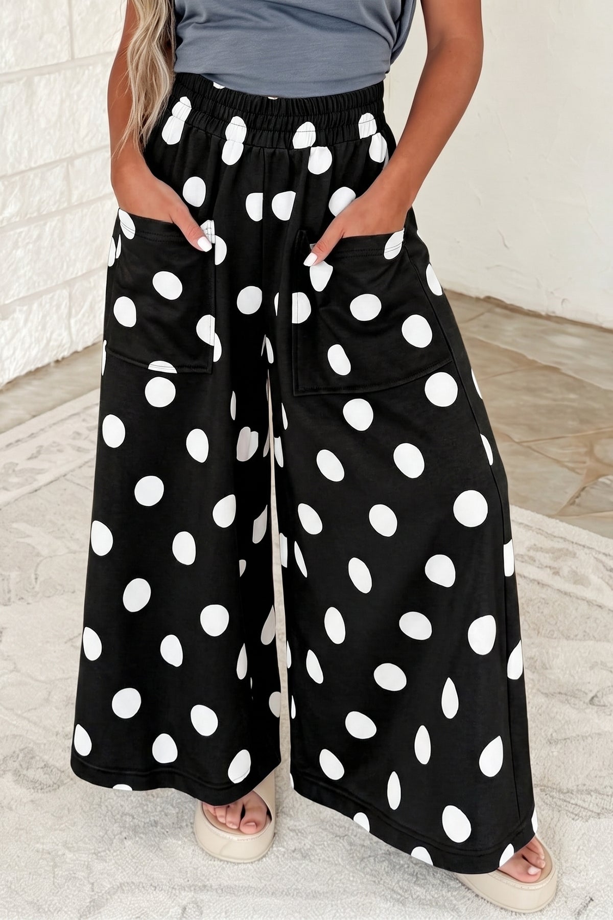 Sail Blue Polka Dot Wide Leg Elastic Waist Casual Pants