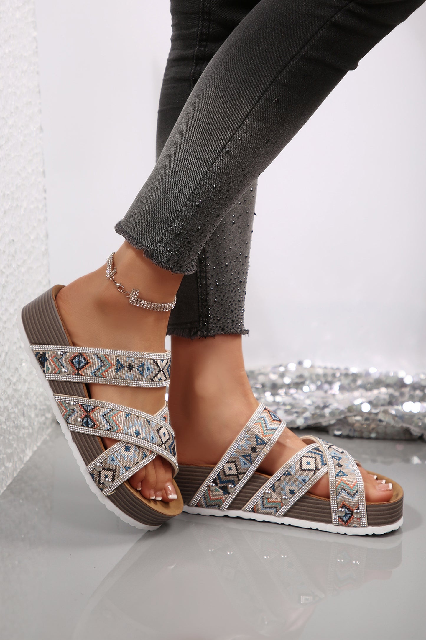 Color black Tribal Geometric Rhinestone Embellished Strappy Hollowed Platform Slippers