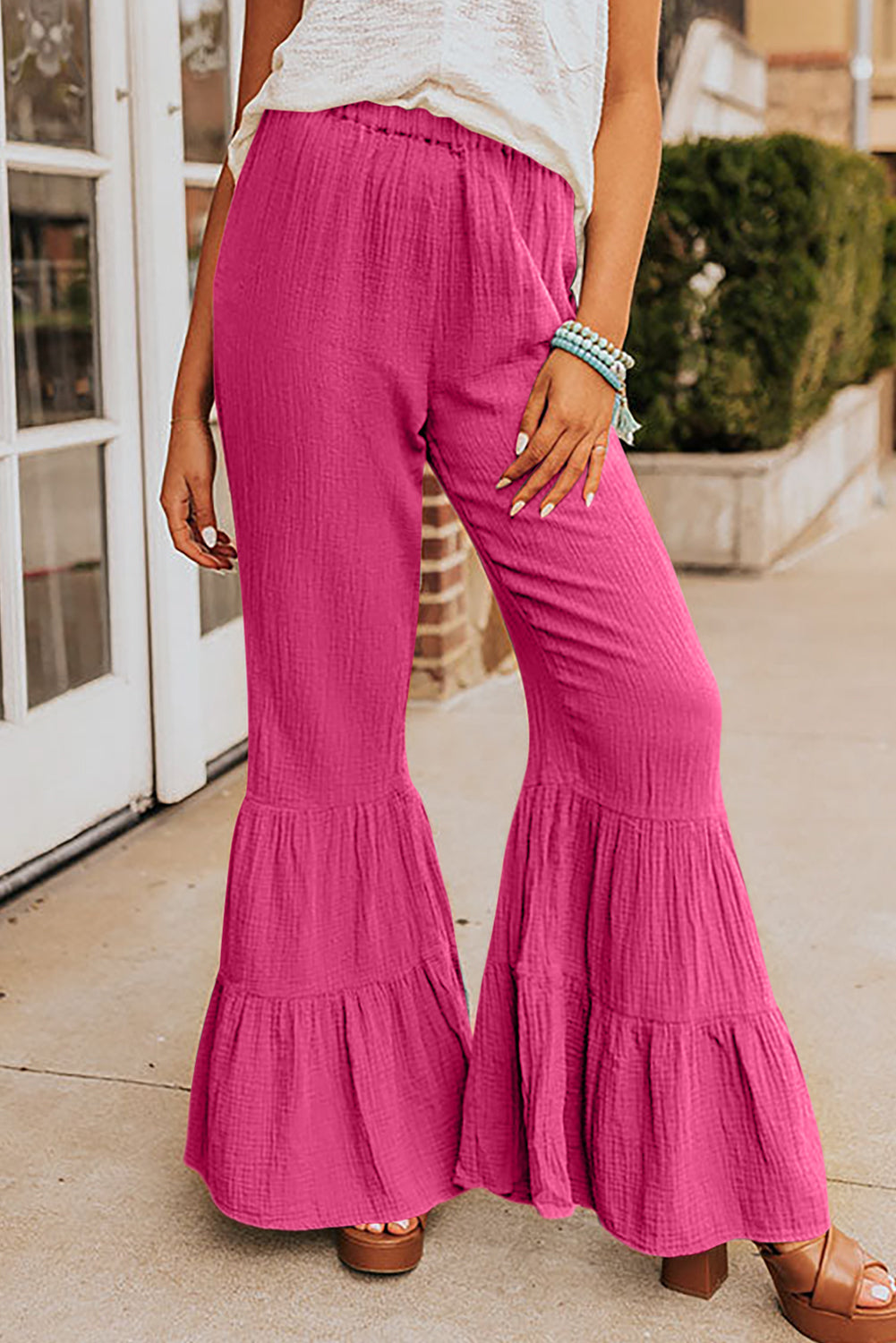 Green Textured High Waist Ruffled Bell Bottom Pants