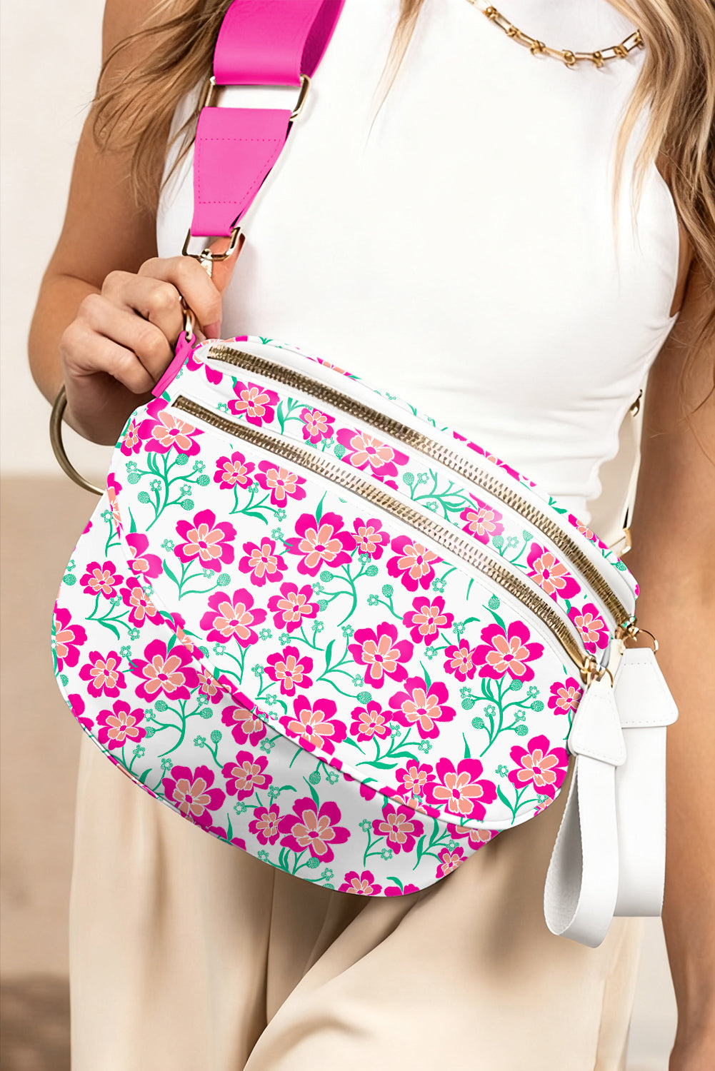 Coffee Cow Spots Printed Double Zip Crossbody Bag