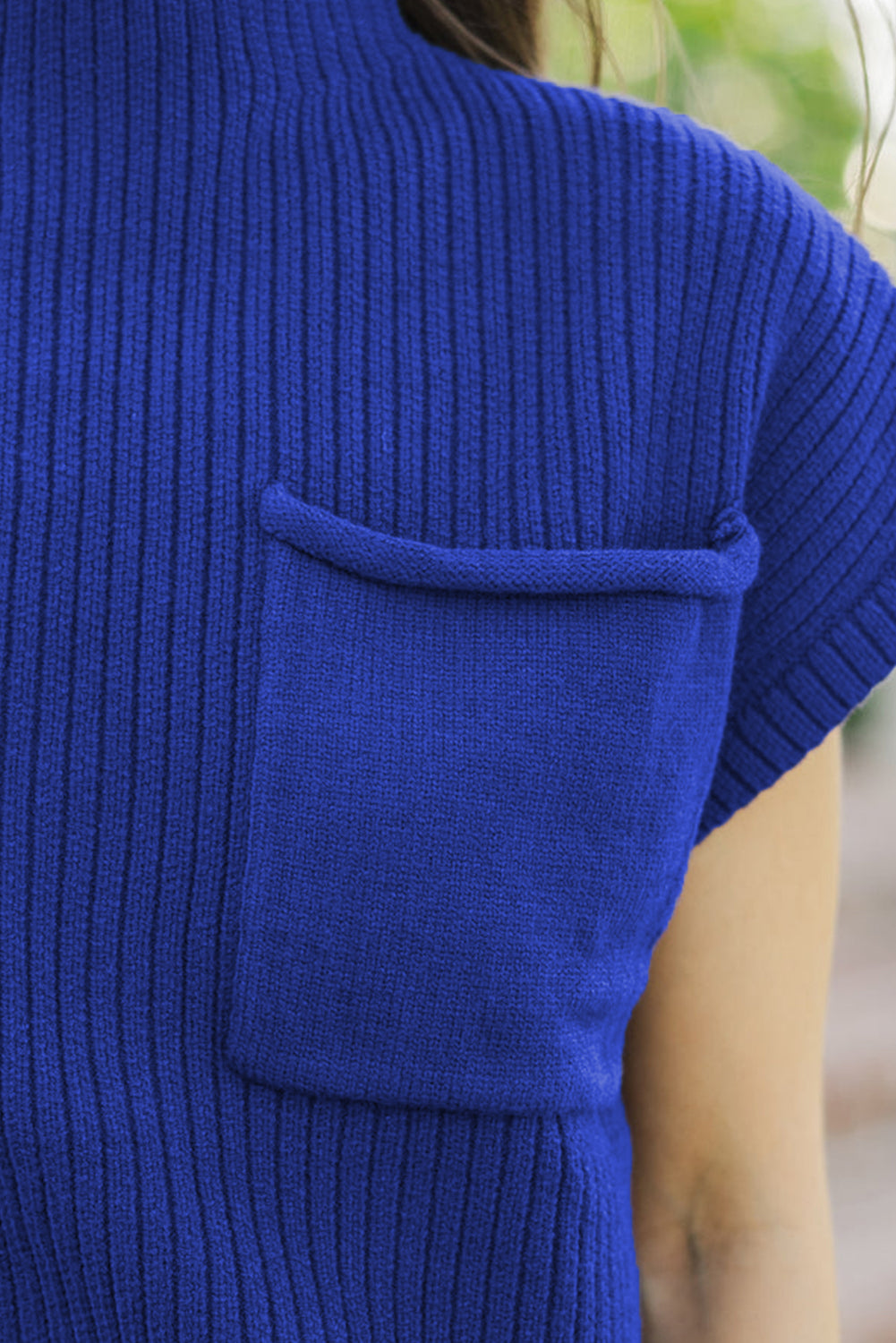 Rose Red Patch Pocket Ribbed Knit Short Sleeve Sweater
