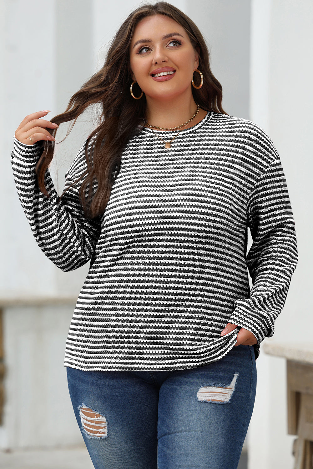 Khaki Stripe Round Neck Drop Shoulder Long Sleeve Top