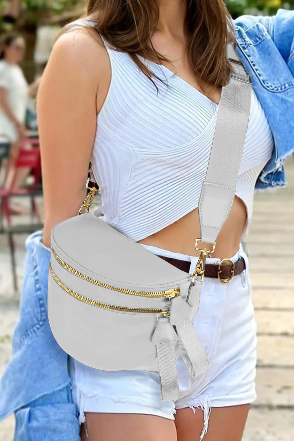 Color black Double Zip Crescent Shape Adjustable Sling Bag