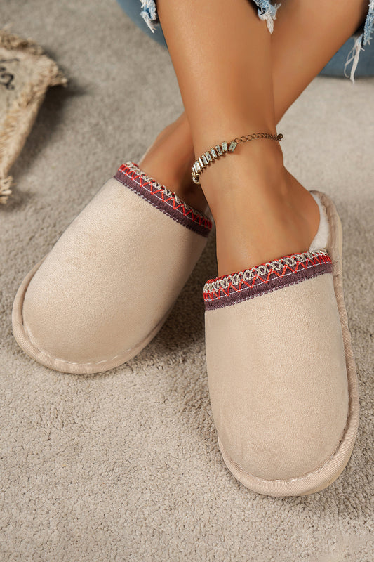 Gray Faux Suede Plush Liner Contrast Embroidered Detail Winter Slippers