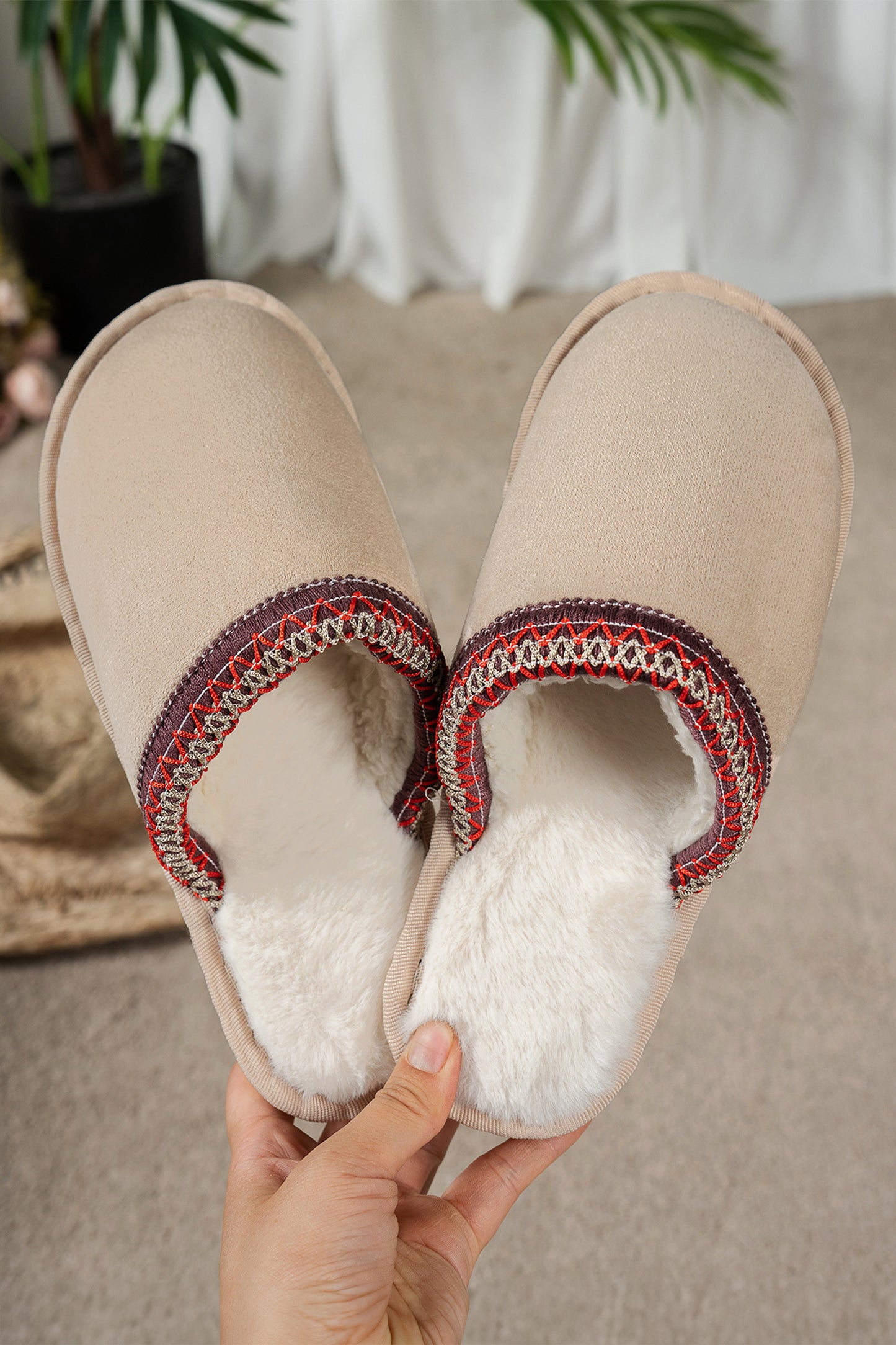 Gray Faux Suede Plush Liner Contrast Embroidered Detail Winter Slippers
