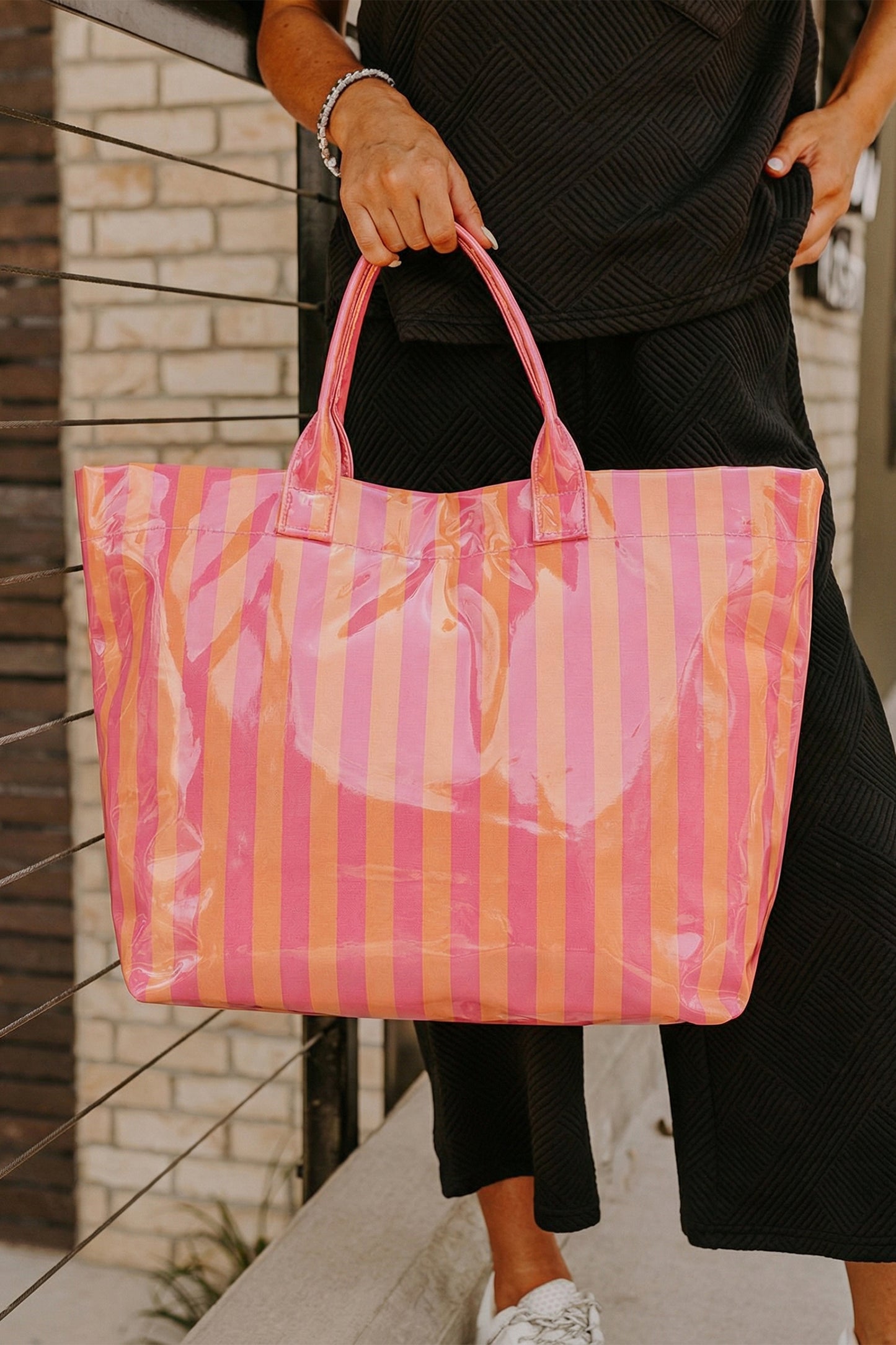 Blackish Green Glossy Striped Vinyl Large Tote Bag (Color Varied)