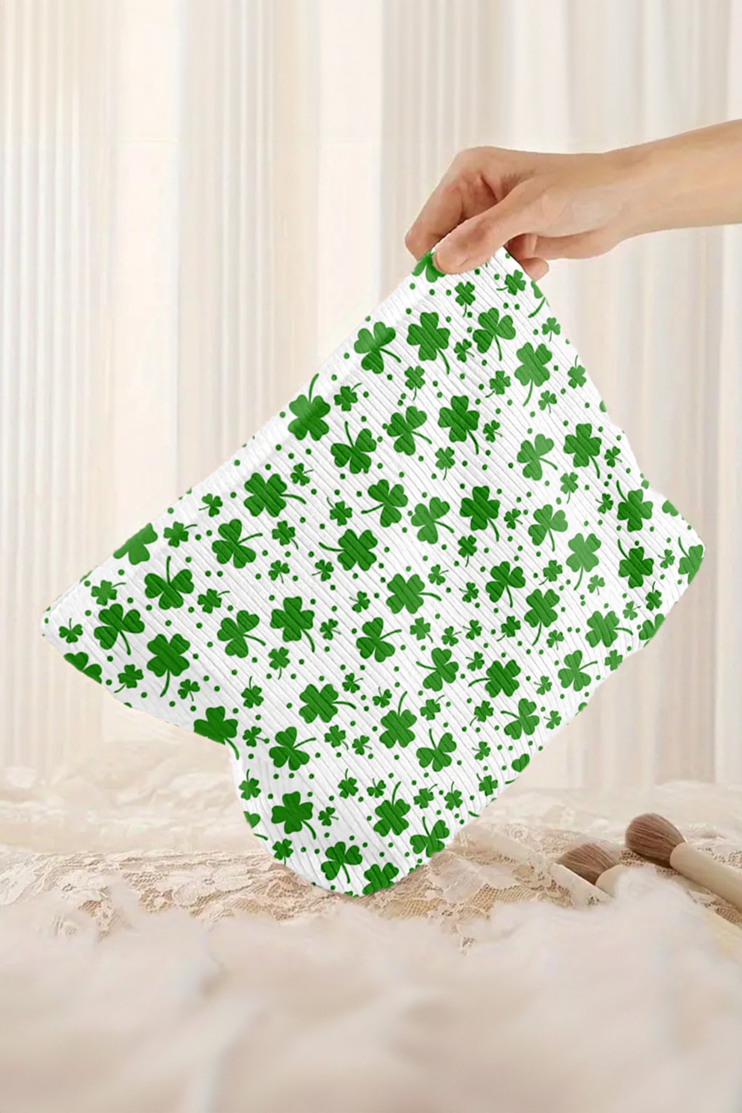 Blackish Green St Patricks Lucky Clover Printed Soft Ribbed Makeup Bag