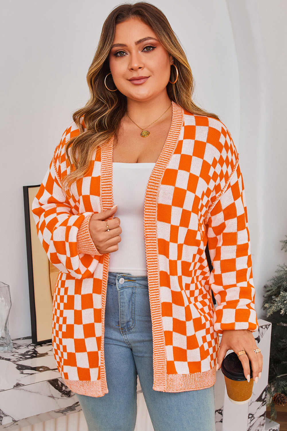 Brown Checkered Bubble Sleeve Drop Shoulder Open Cardigan
