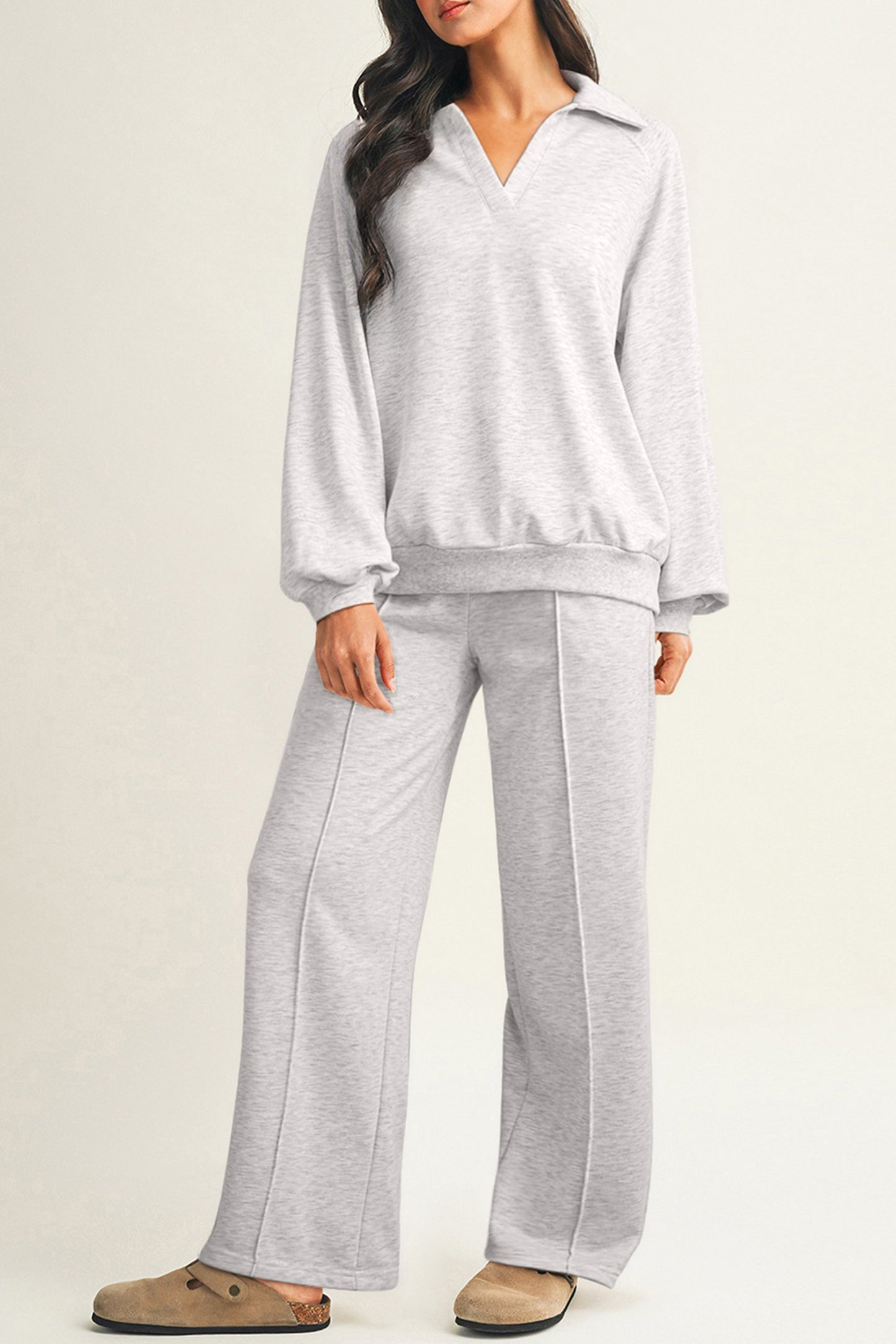 Dark Khaki Polo Collar V Neck Pullover and Drawstring Sweatpants Set