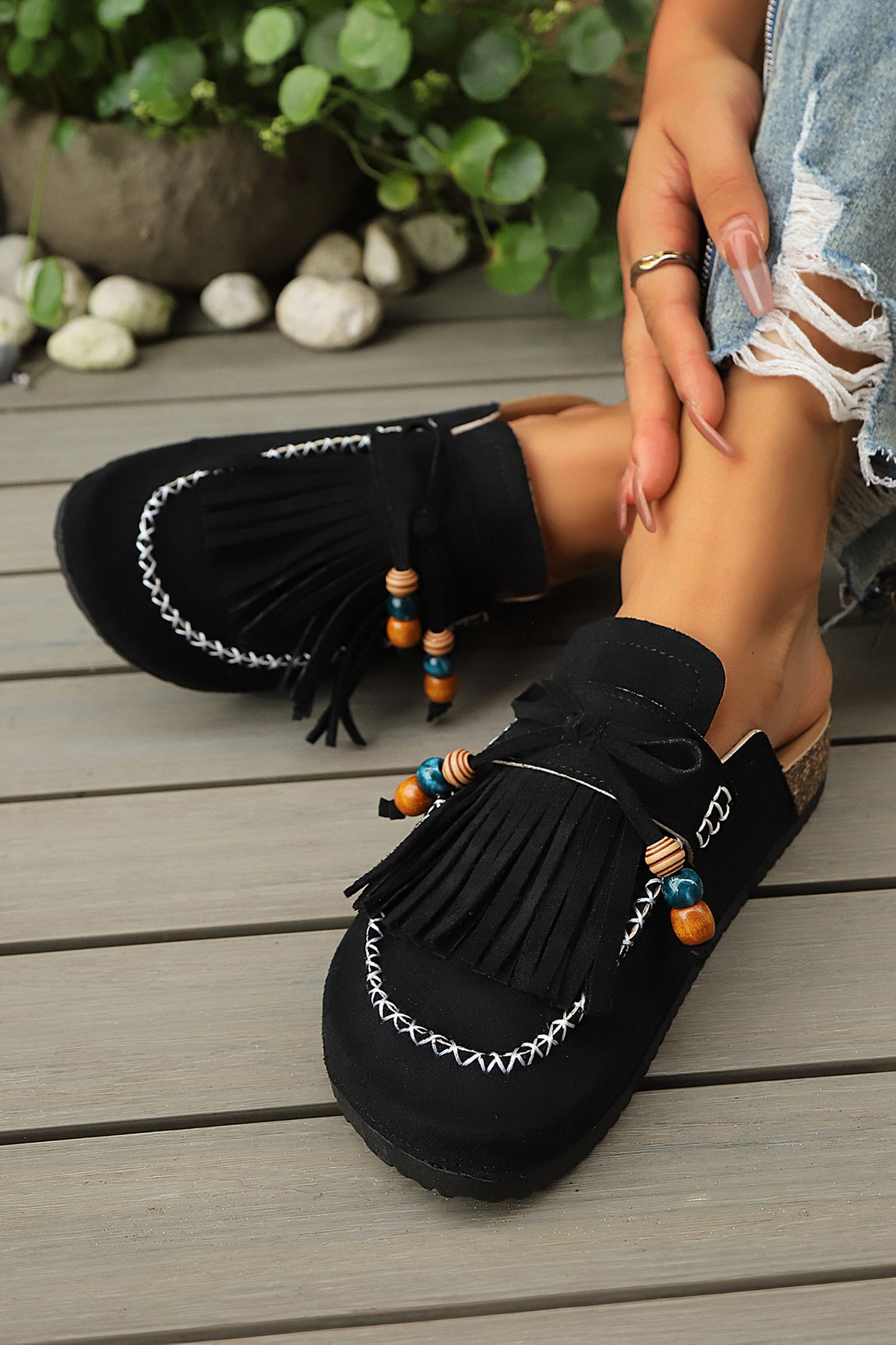 Color black Boho Bow Fringed Faux Suede Slip-on Loafers Square Toe Casual Slippers