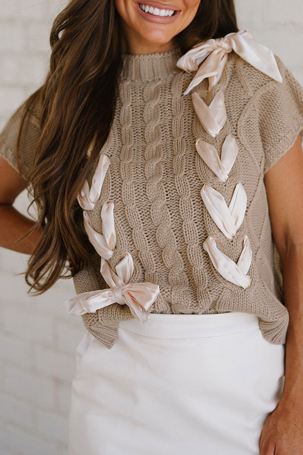 White Cable Knit Colorblock Satin Bowknot Short Sleeve Sweater