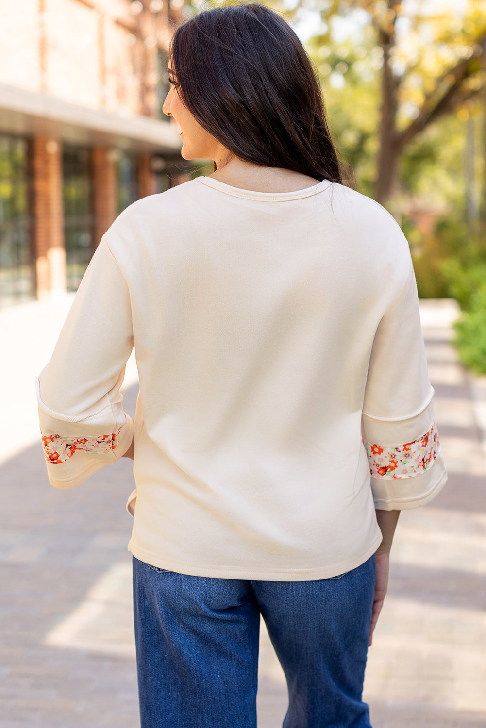 Beige Flower Patch Graphic Exposed Seam Wide Sleeve Top