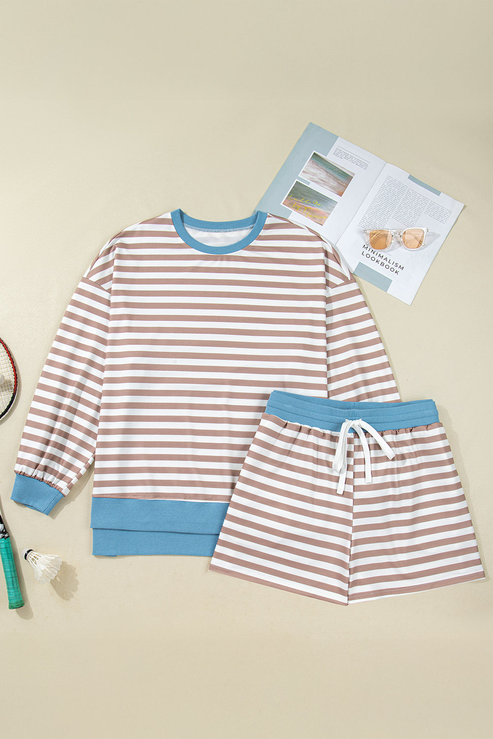 Khaki Stripe Contrast Edge Drop Shoulder Pullover and Shorts Plus Size Set