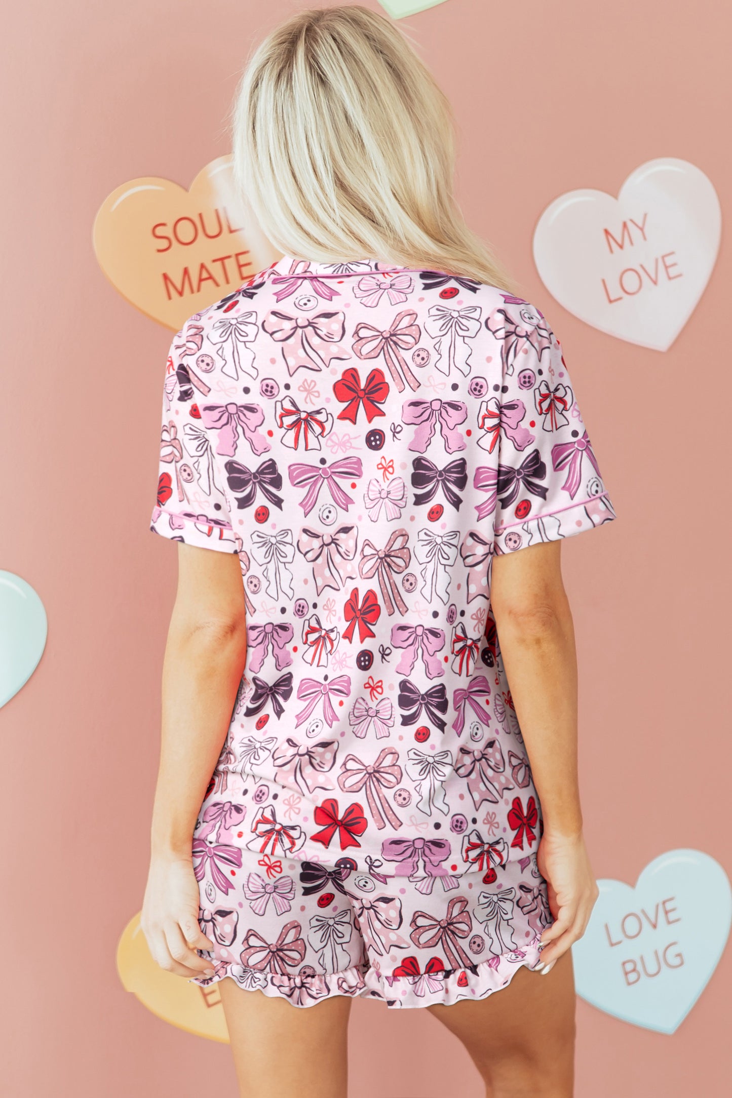 Pink Cute Ribbon Bows Printed 2pcs Short Pajama Set