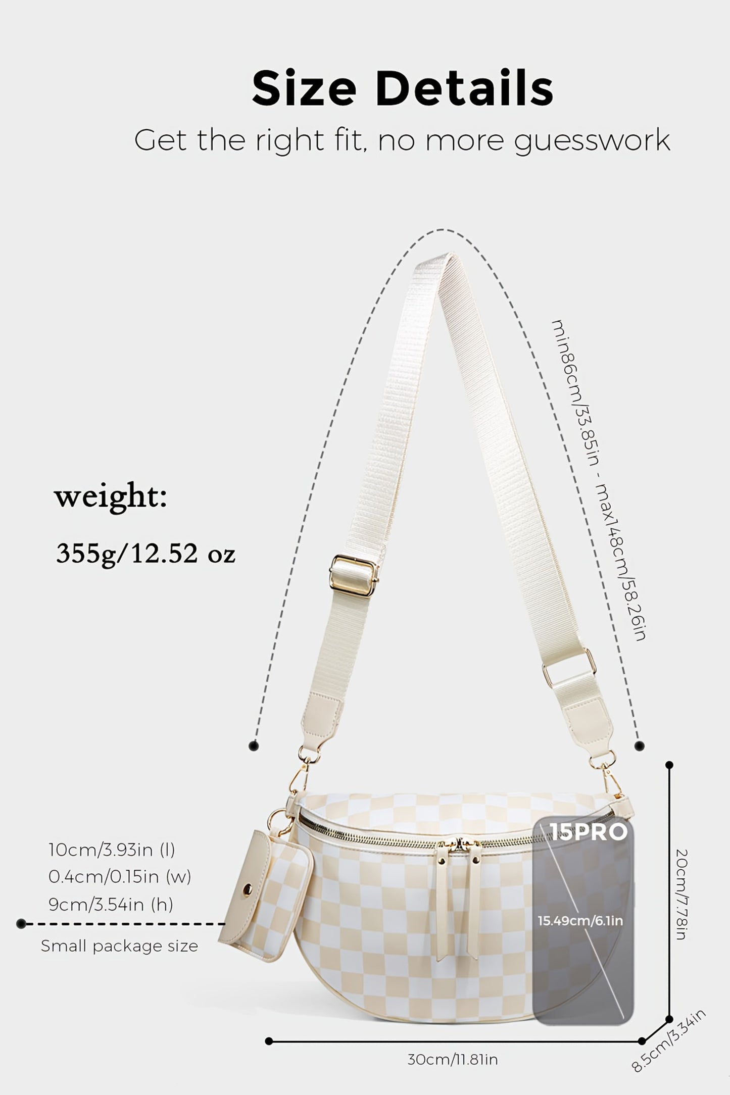 White Checkered Crescent Shoulder Bag with Detachable Pouch