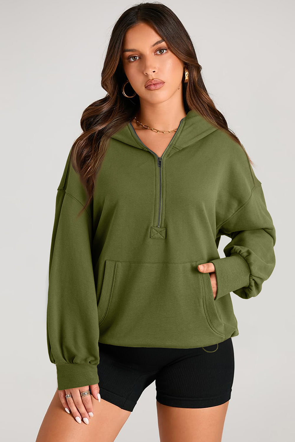 Valerian Solid Kangaroo Pocket Half Zipper Oversized Hoodie