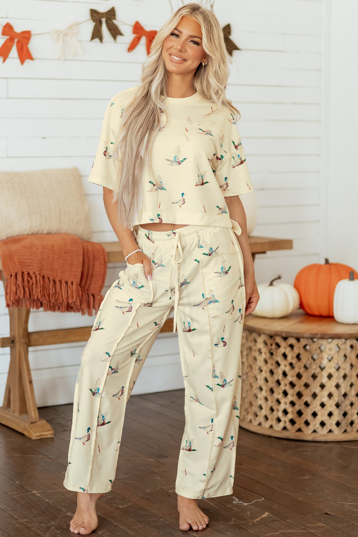 Beige Duck Print Short Sleeve Top Pocket Pants 2pcs Casual Set
