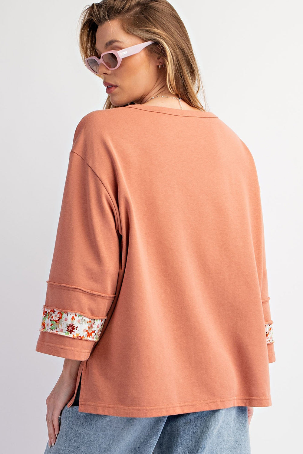 Beige Flower Patch Graphic Exposed Seam Wide Sleeve Top