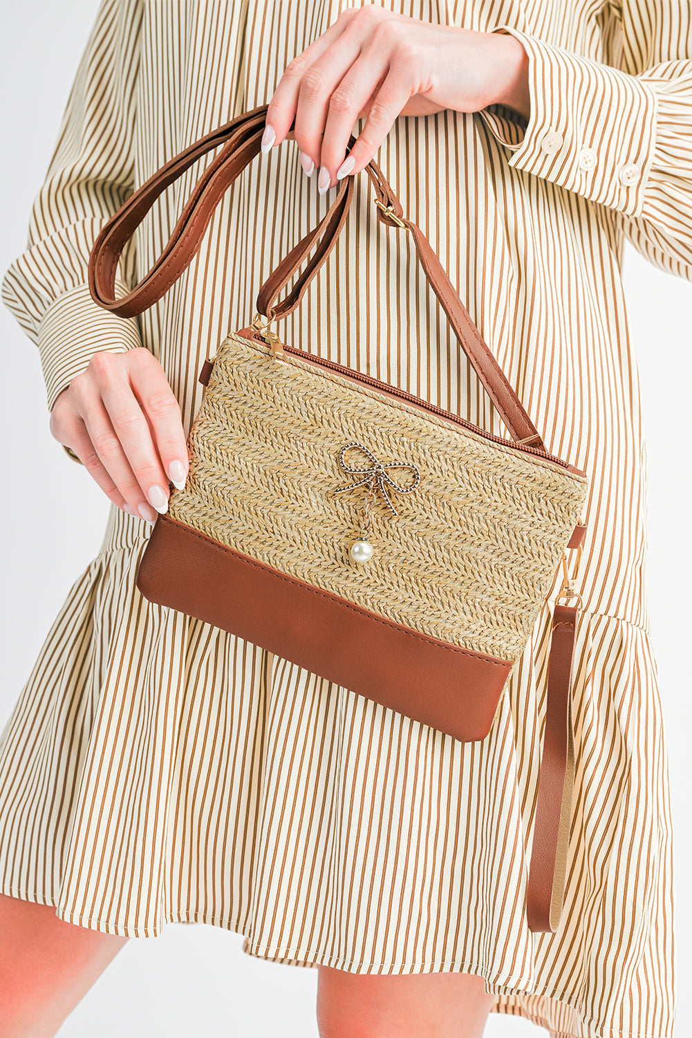Beige Bow Pearl Decor Straw PU Leather Patched Crossbody Bag