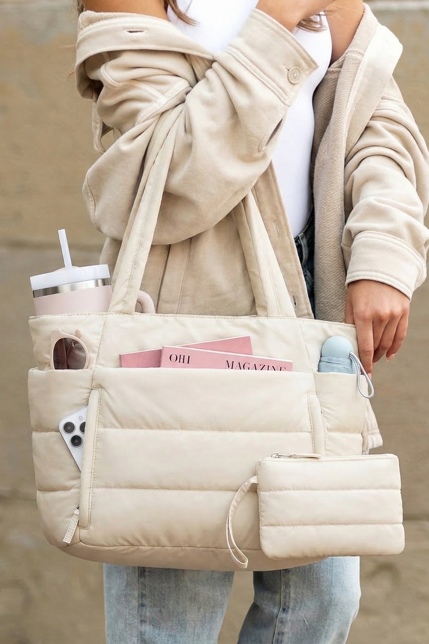 White Solid Color Puffy Quilted Large Tote Bag