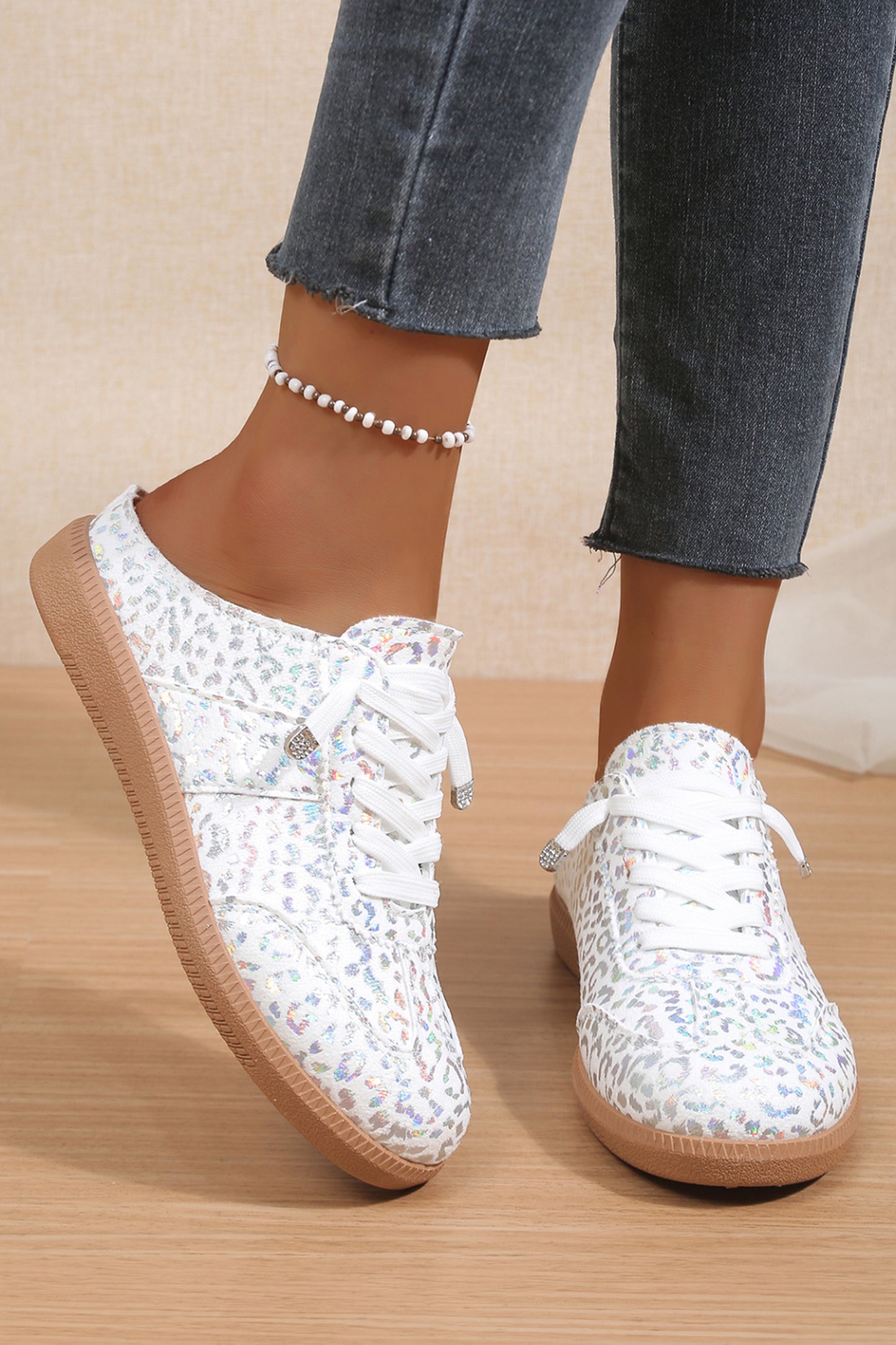 White Shiny Leopard Print Lace up Slip On Shoes