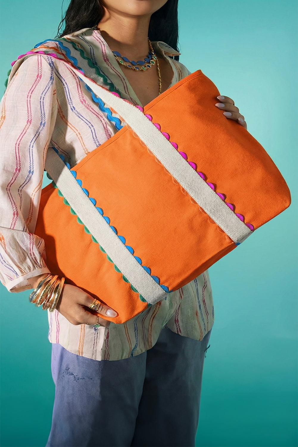 White Colorful Ricrac Detail Canvas Tote Bag