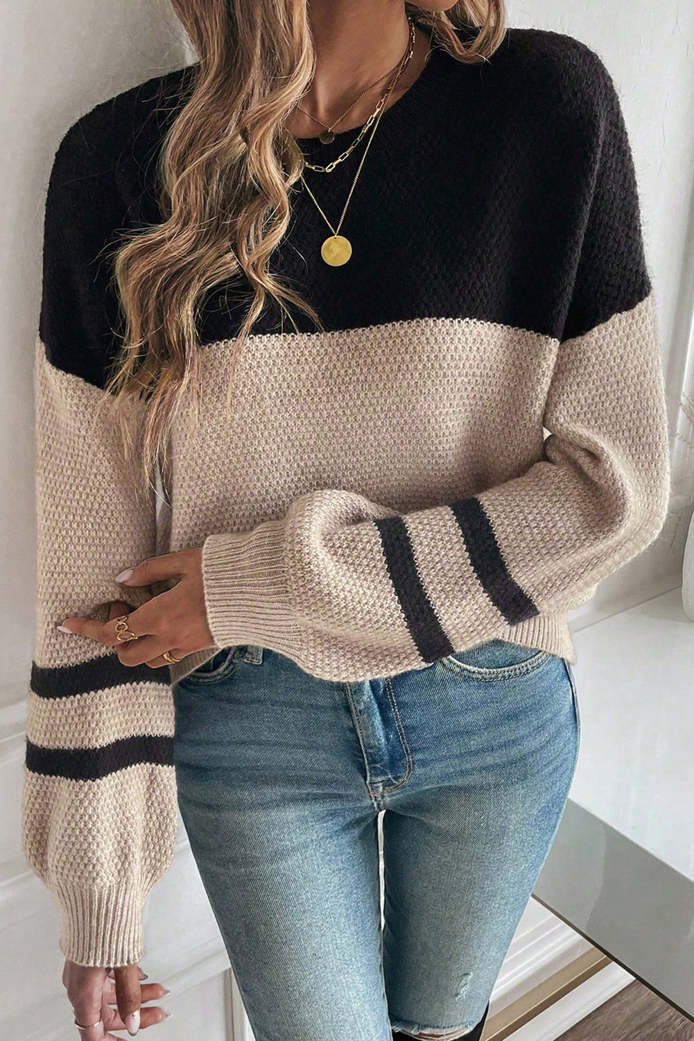 Dark Brown Color Block Knit Striped Sleeve Detail Casual Sweater