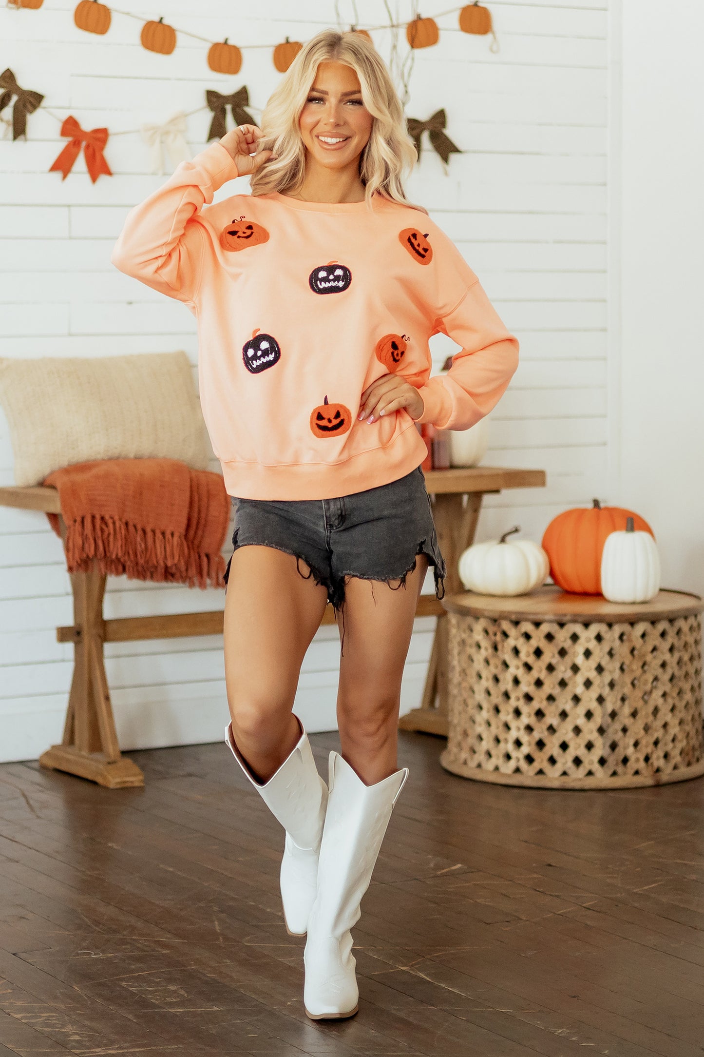 Orange Embroidered Pumpkin Face Drop Shoulder Sweatshirt