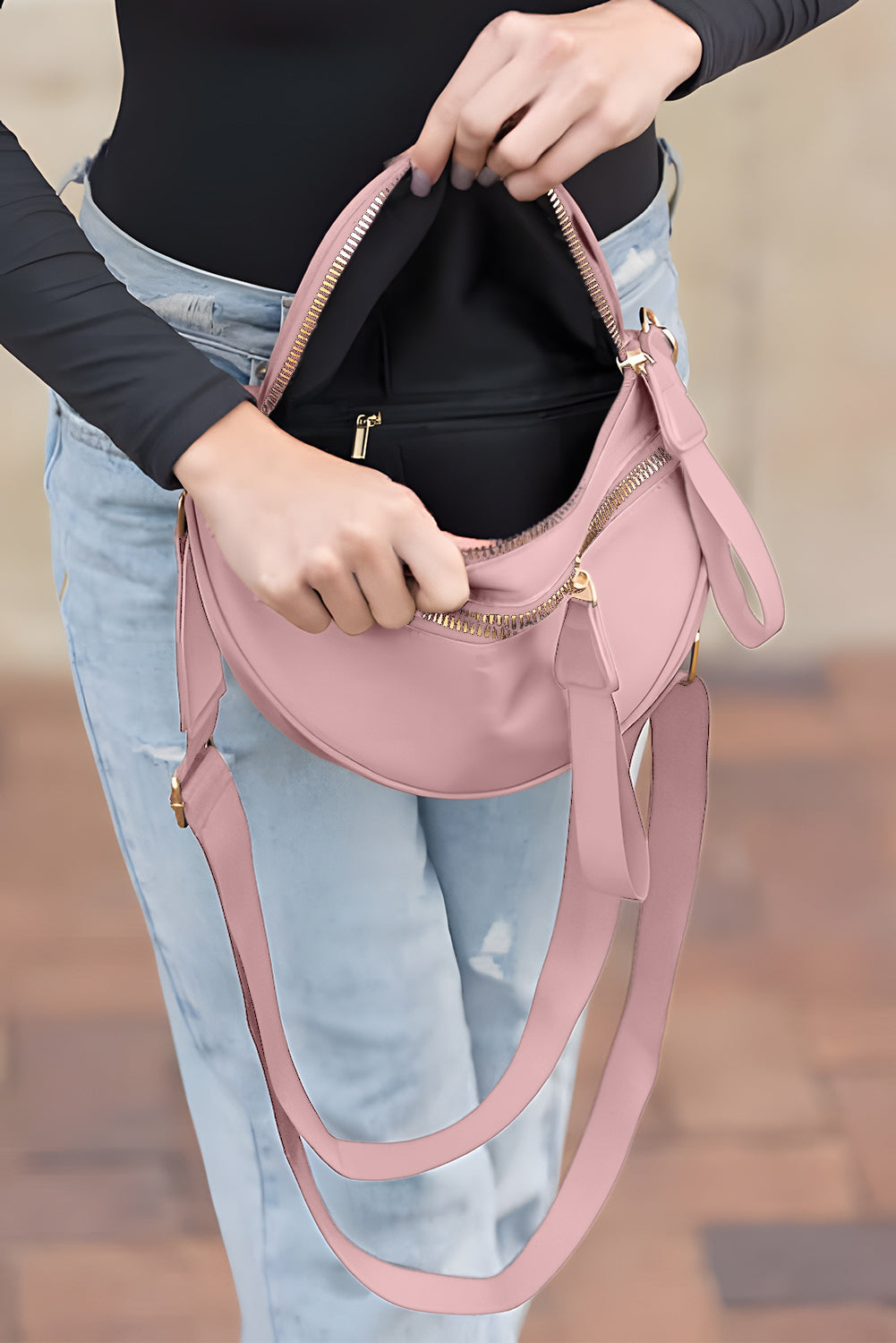 Color black Double Zip Crescent Shape Adjustable Sling Bag