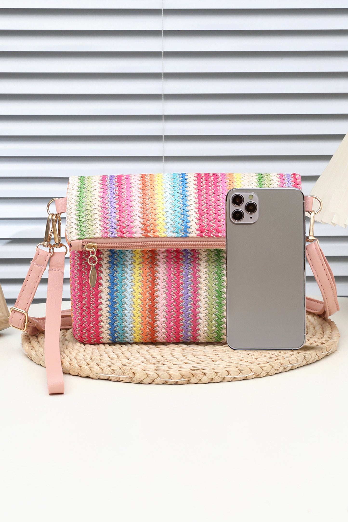 Pink Striped Straw Woven Zip Folded Magnetic Button Shoulder Bag
