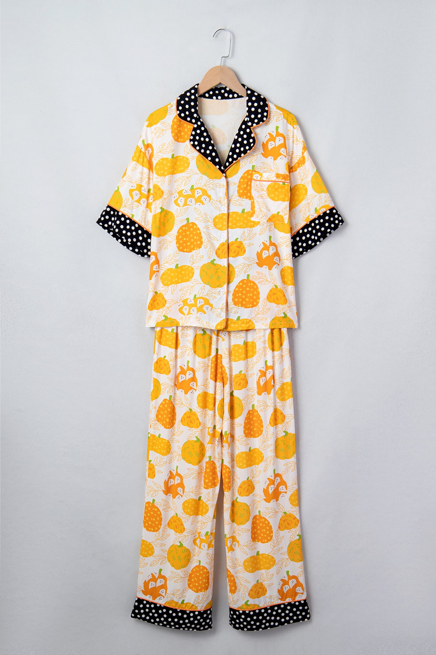 Orange Short Sleeve Pumpkin Print Polka Dot Trim Pocket Pocket Placket Home Wear Lounge Set
