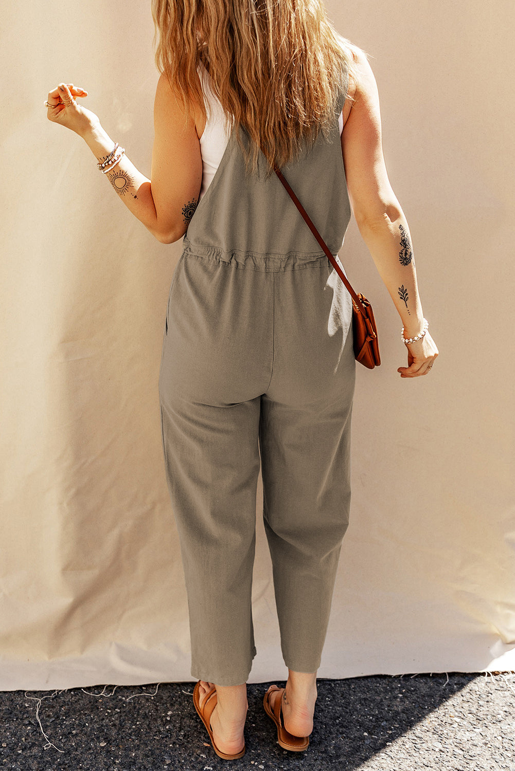 Sage Green Drawstring Buttoned Straps Cropped Overall