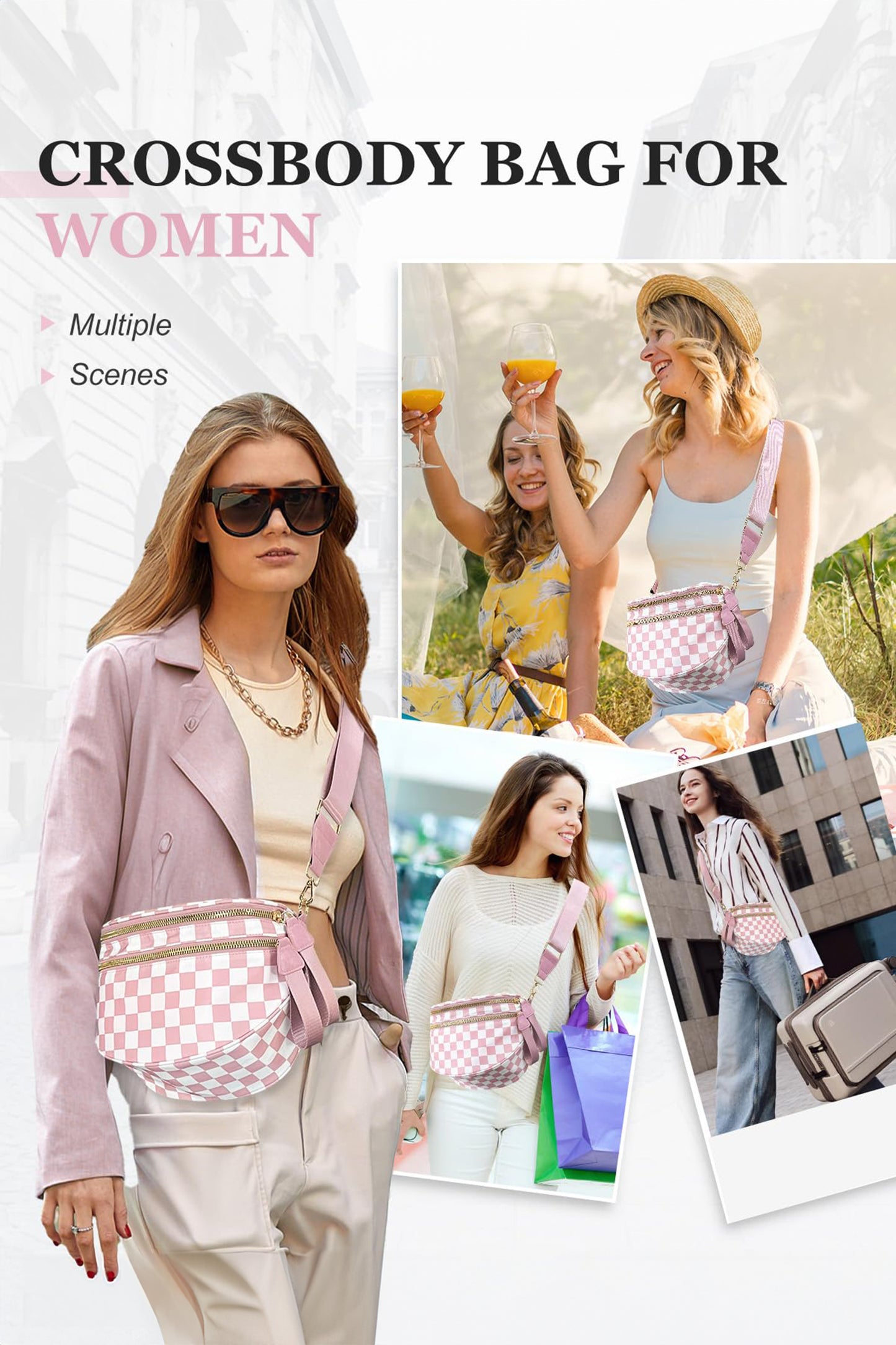 Bright Pink Checkered Print Wide Strap Large Crossbody Bag
