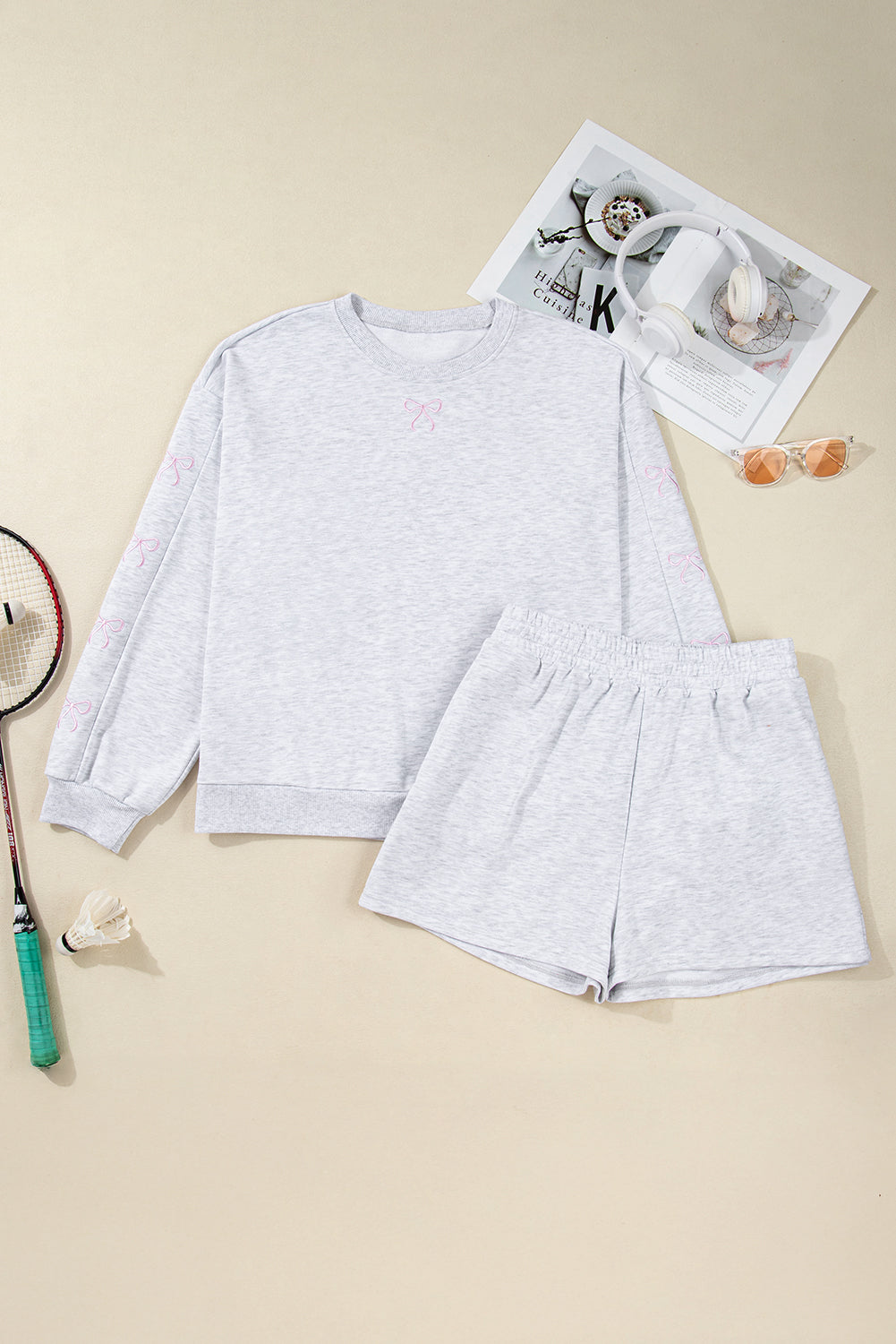 Light Grey Girly Bow Embroidered Puff Sleeve Pullover Loose Shorts Plus 2pcs Outfit
