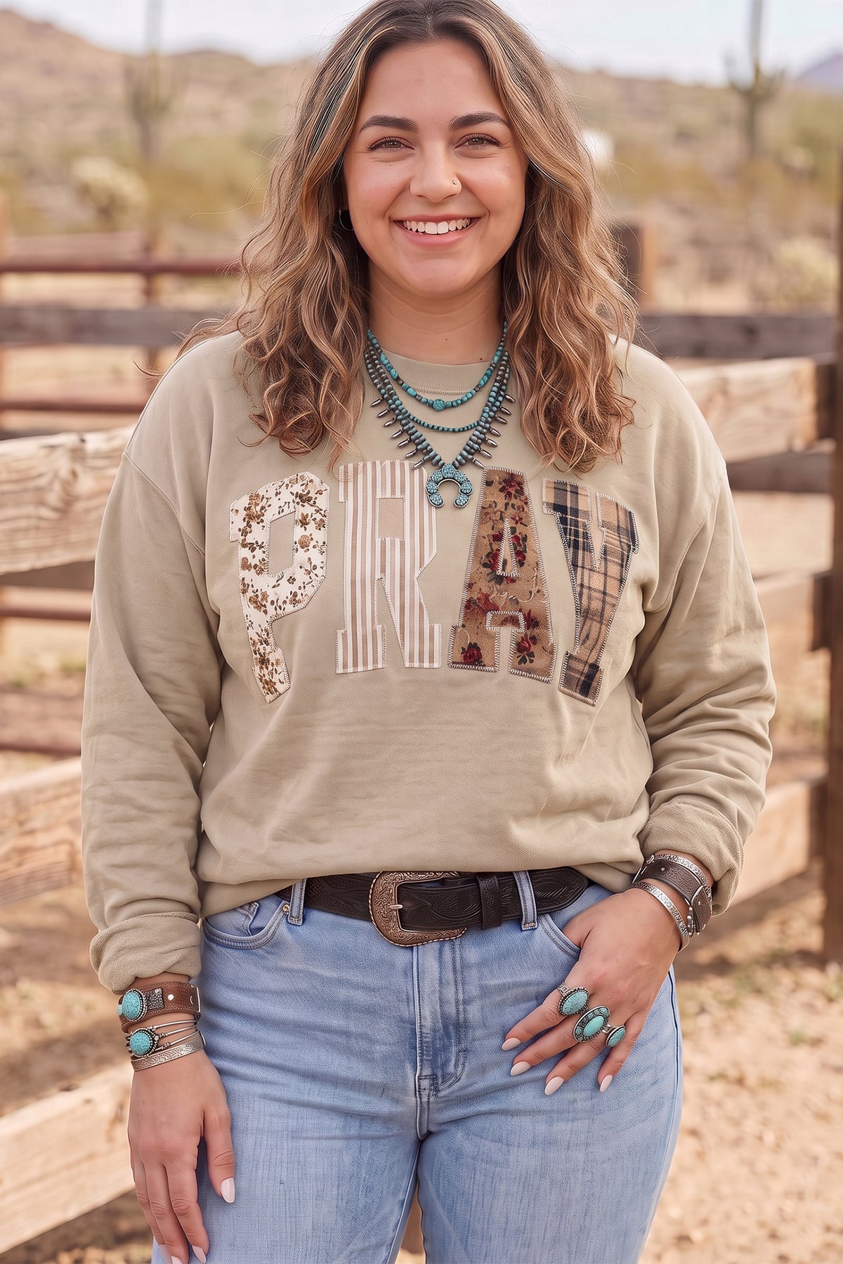 Fiery Red PRAY Letter Patchwork Round Neck Long Sleeve Plus Size Sweatshirt