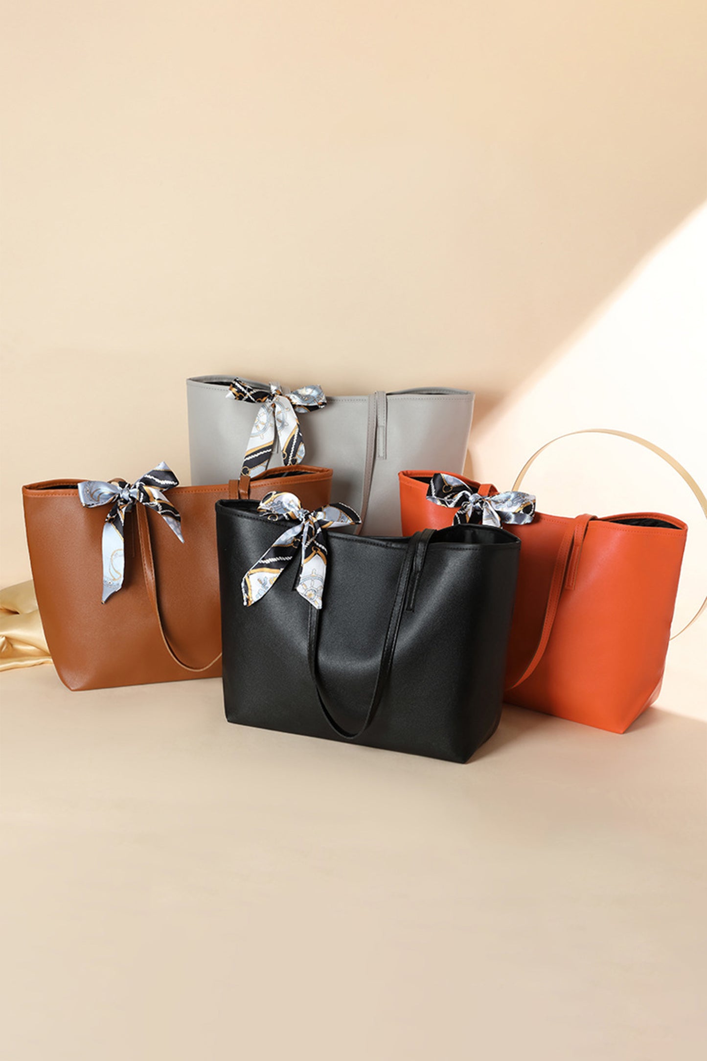 Chestnut Solid Color Large Capacity PU Leather Bag with Ribbon Detail