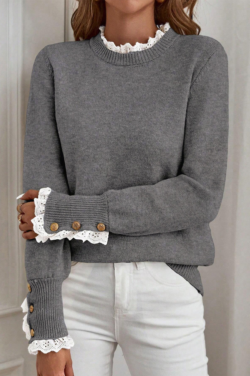 Jet Stream Lace Trim Patchwork Buttoned Cuffs Loose Sweater