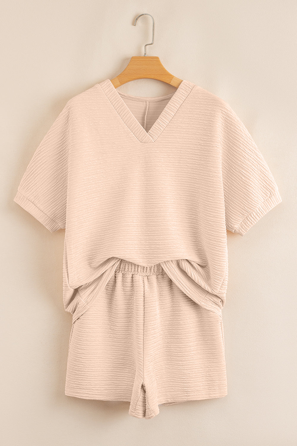 Pink Textured V Neck T Shirt and Shorts Set