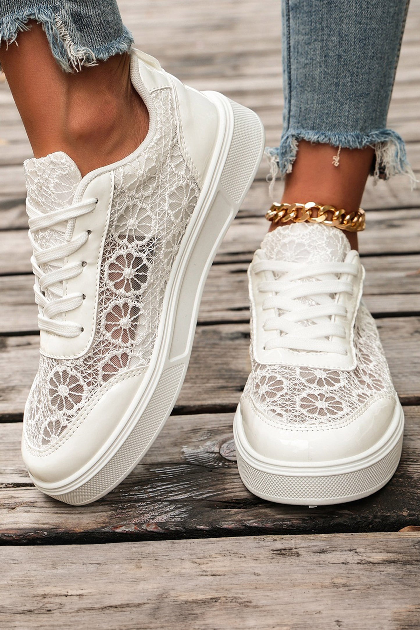 Color black Sheer Floral Lace Slip-On Casual Sneakers