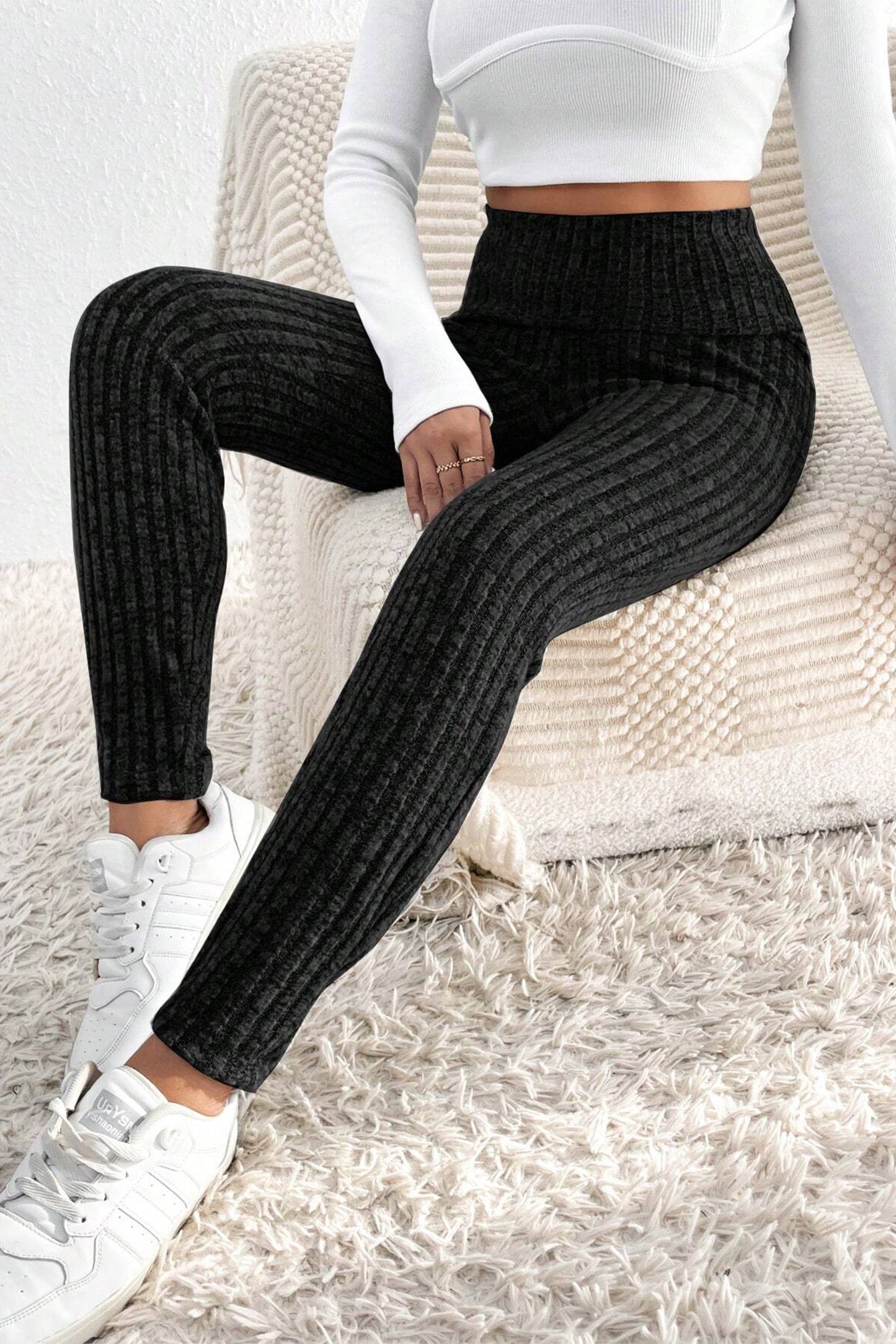 Black Wide Waistband Ribbed Textured Knit Leggings