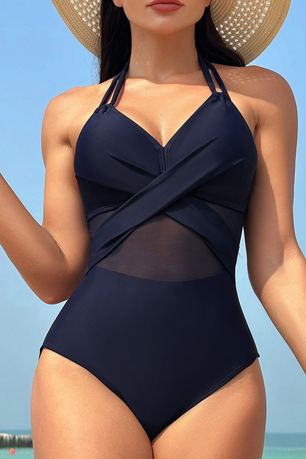 Black Halter Mesh Insert Cross Front One-Piece Swimsuit