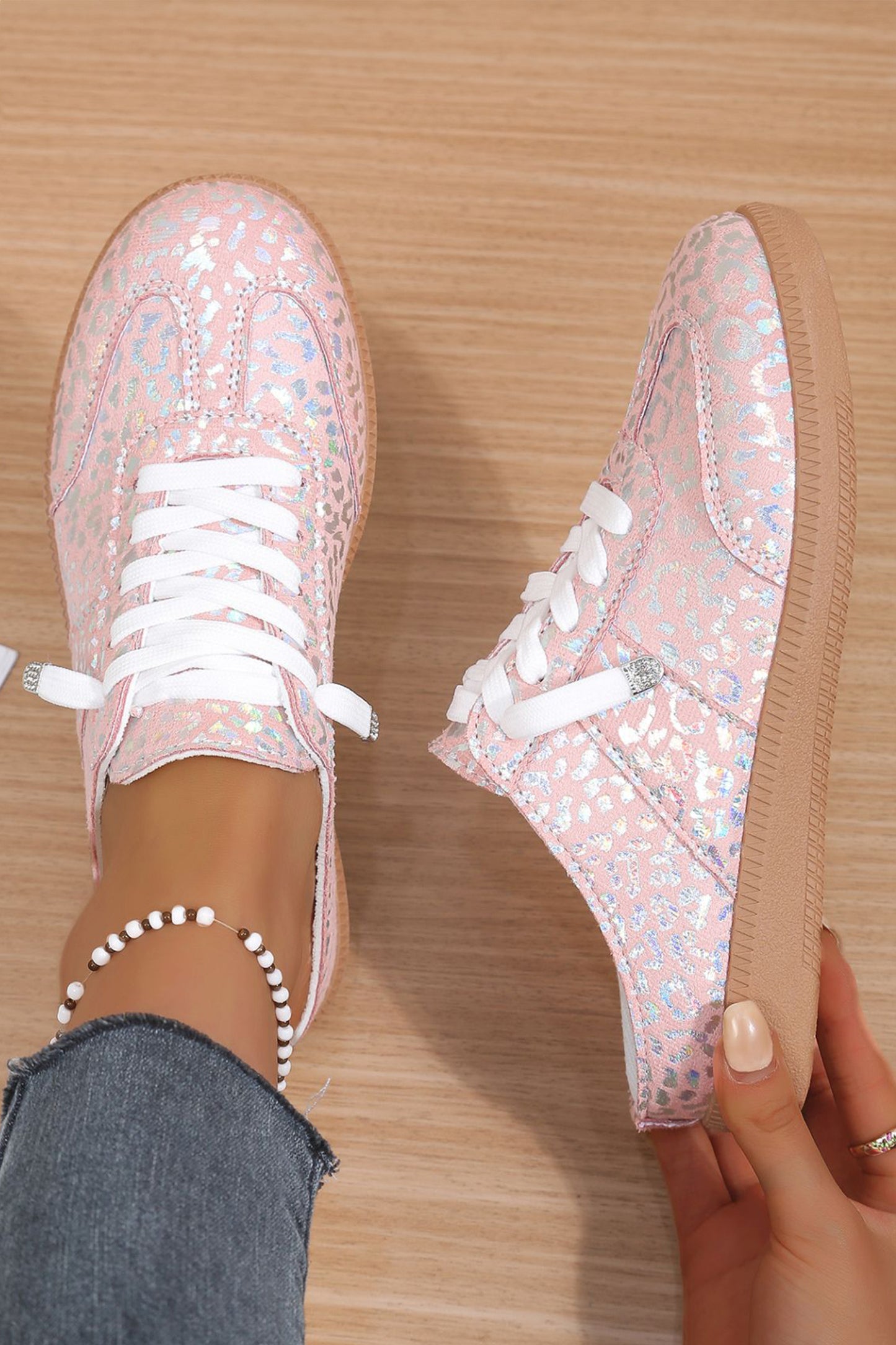 White Shiny Leopard Print Lace up Slip On Shoes