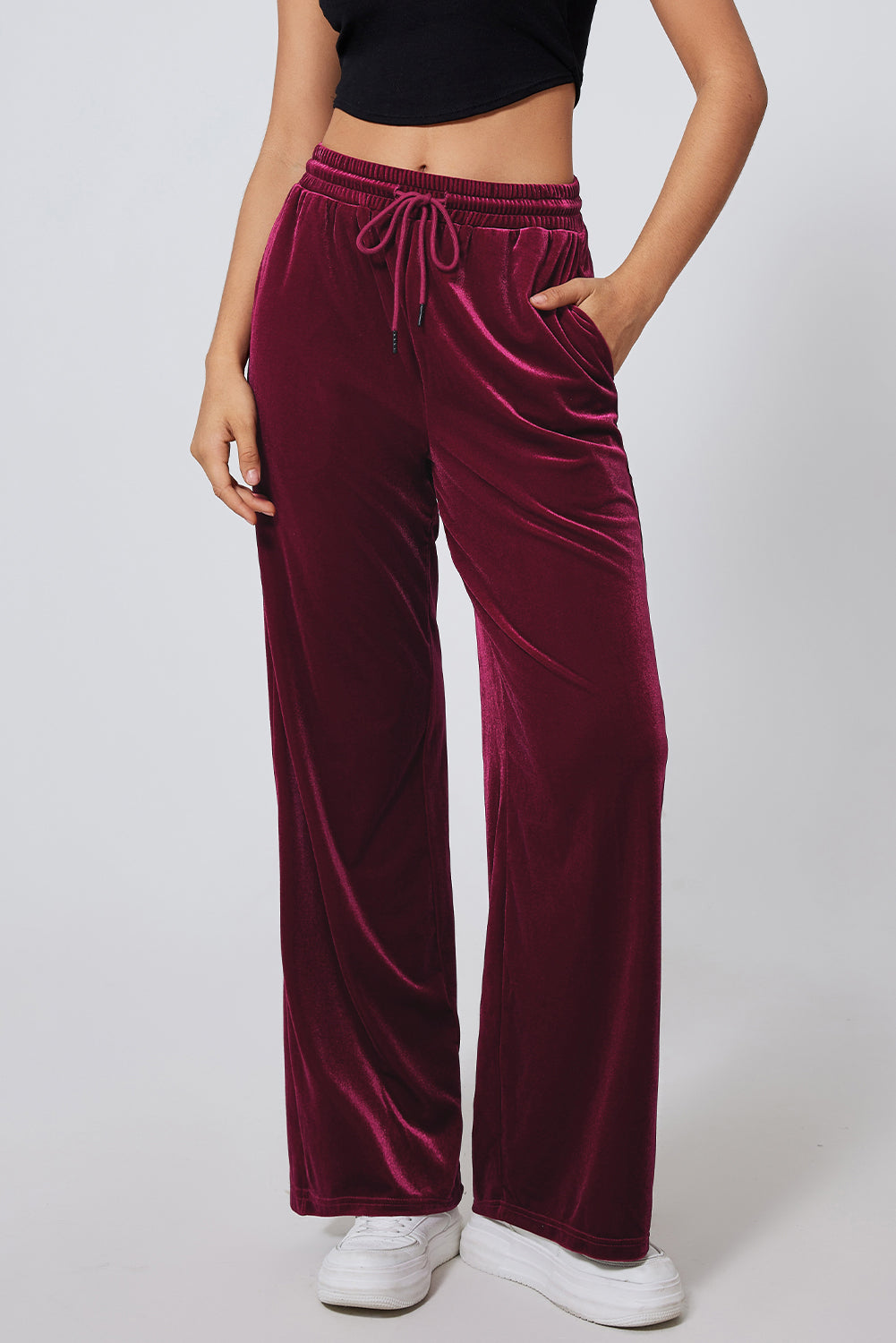 Evergreen Solid Drawstring Waist Wide Leg Pants