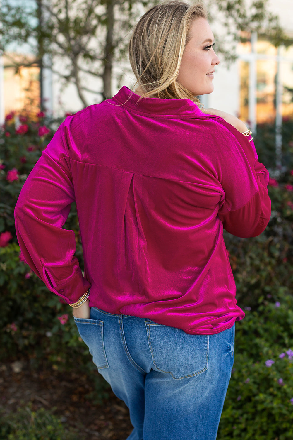 Bright Pink Plus Size Velvet Chest Pocket Drop Shoulder Shirt