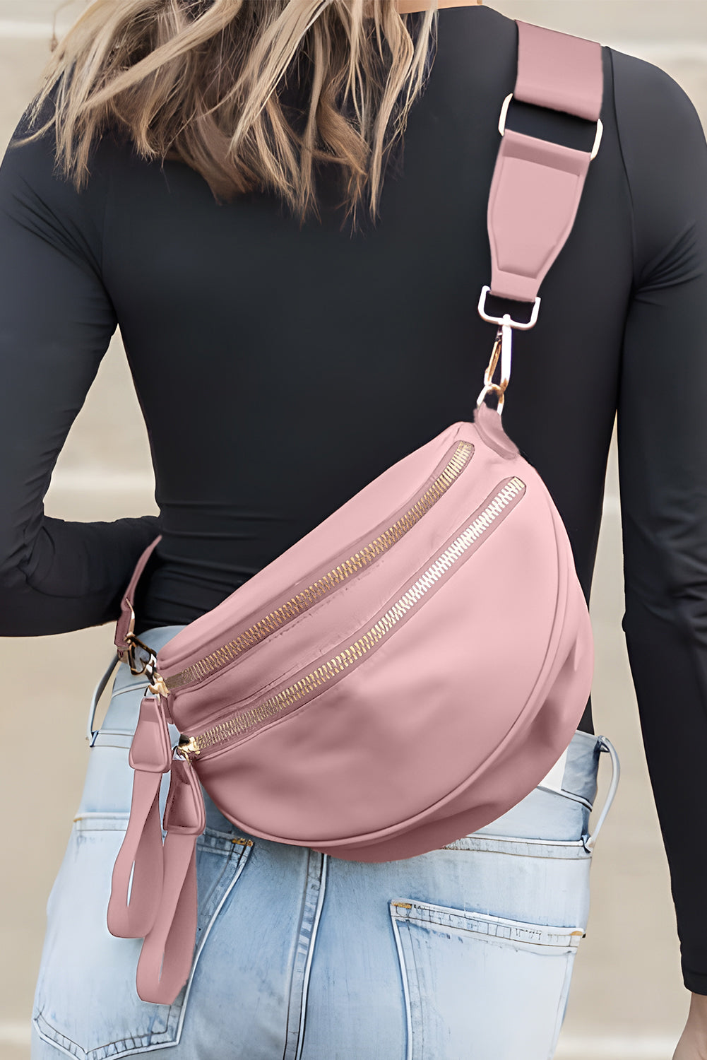 Color black Double Zip Crescent Shape Adjustable Sling Bag