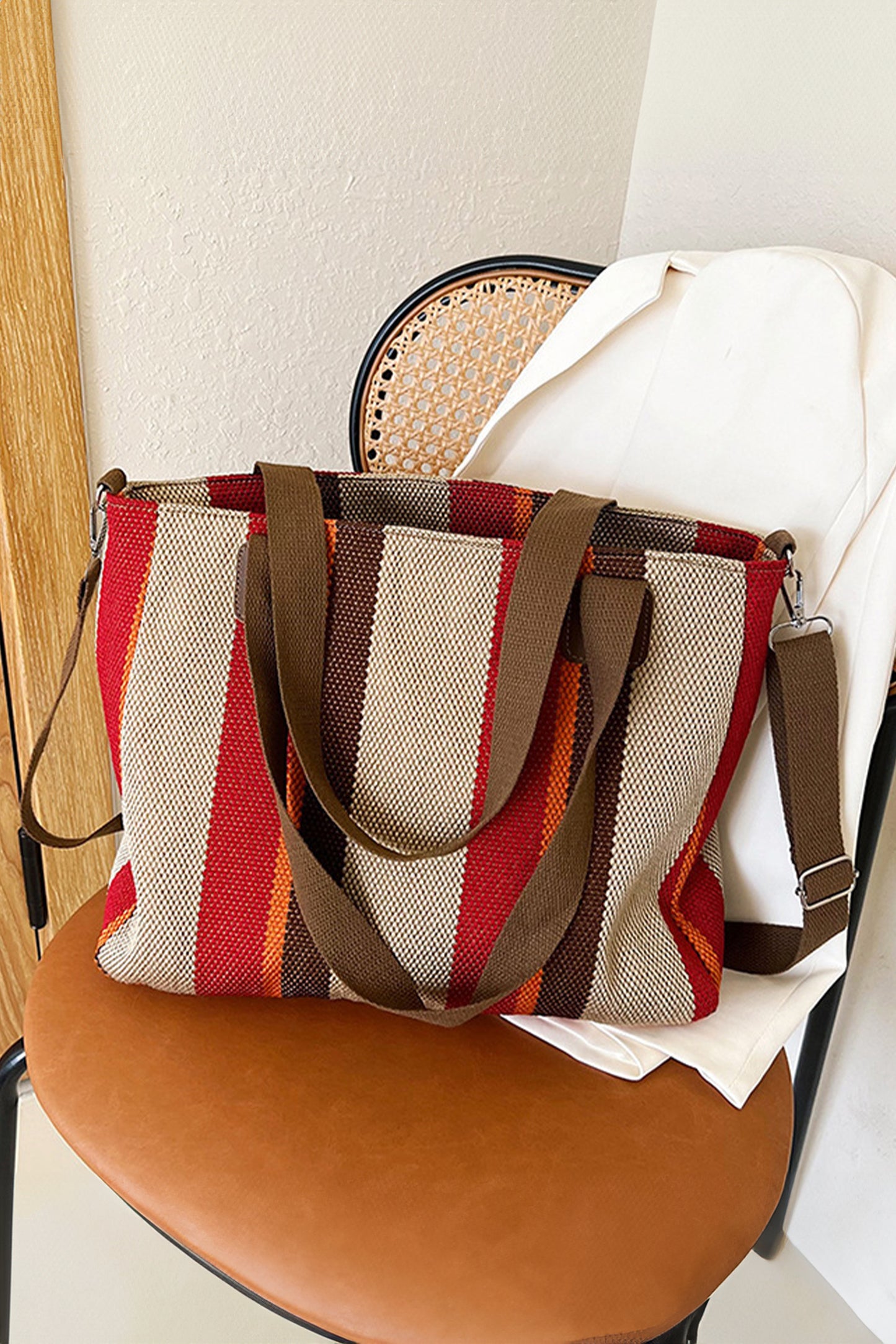 Fiery Red Canvas Striped Convertible Tote Bag