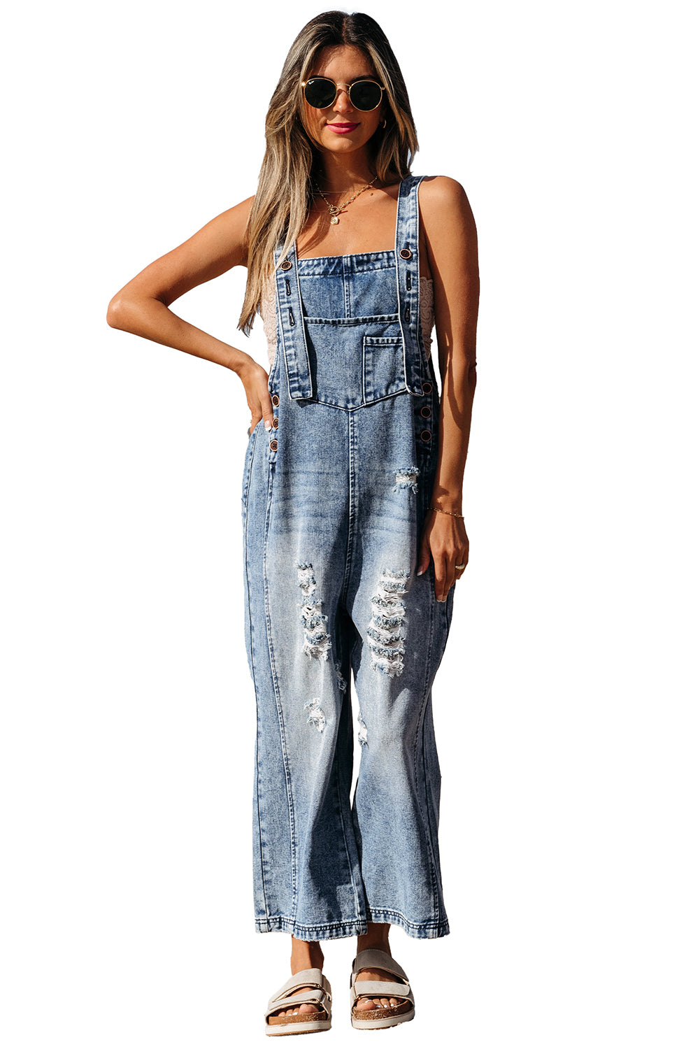 Black Distressed Bib Pocket Wide Leg Denim Overall