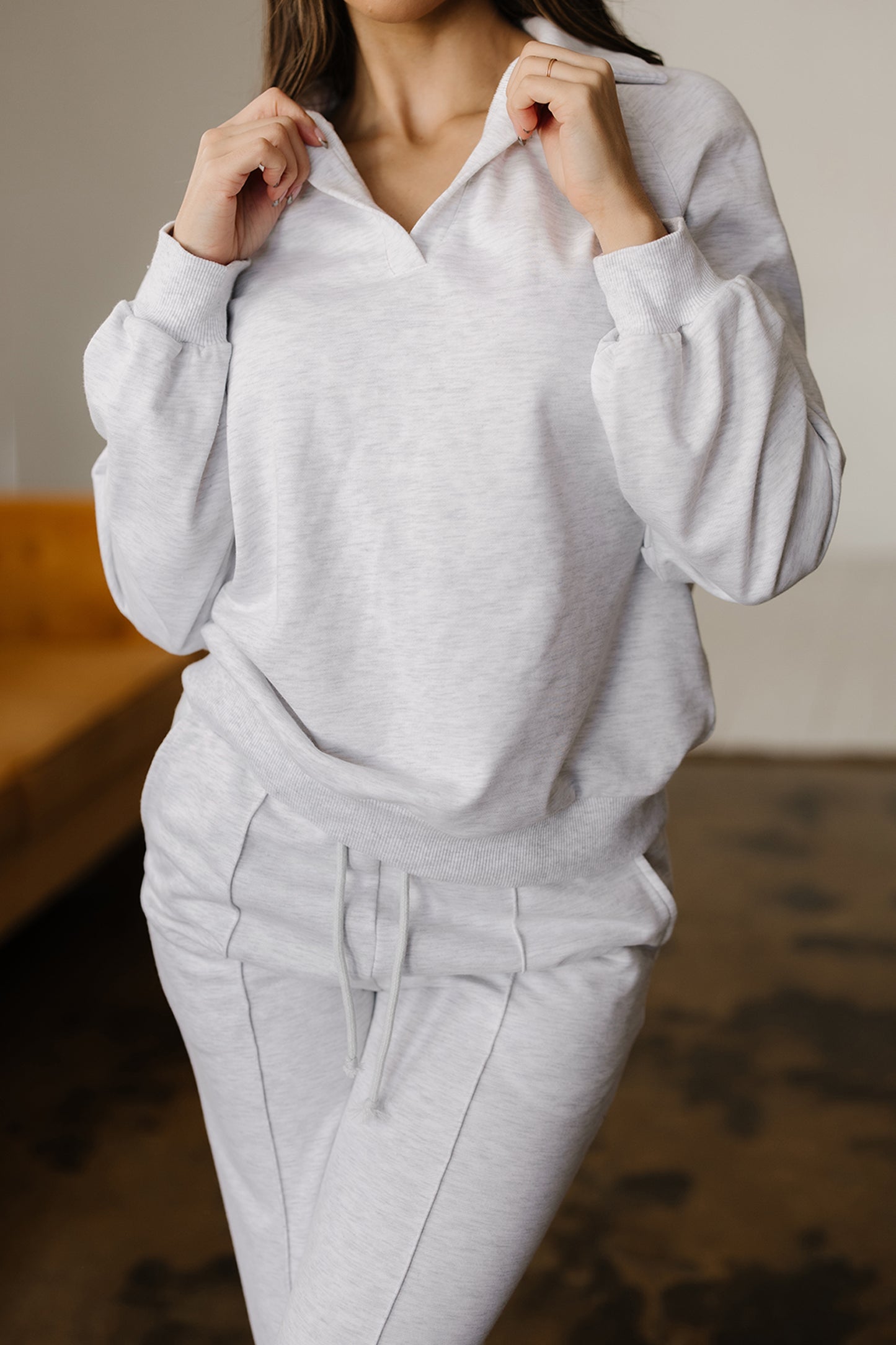 Dark Khaki Polo Collar V Neck Pullover and Drawstring Sweatpants Set
