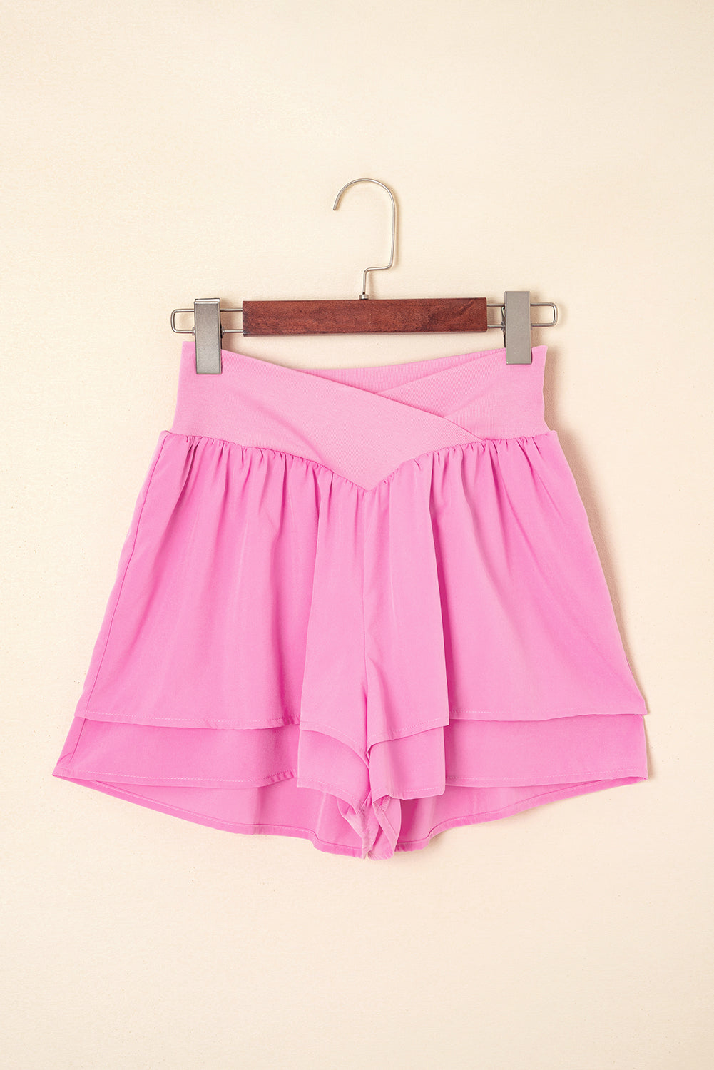 Bright Pink Crossed Waist Tiered Flowy Shorts